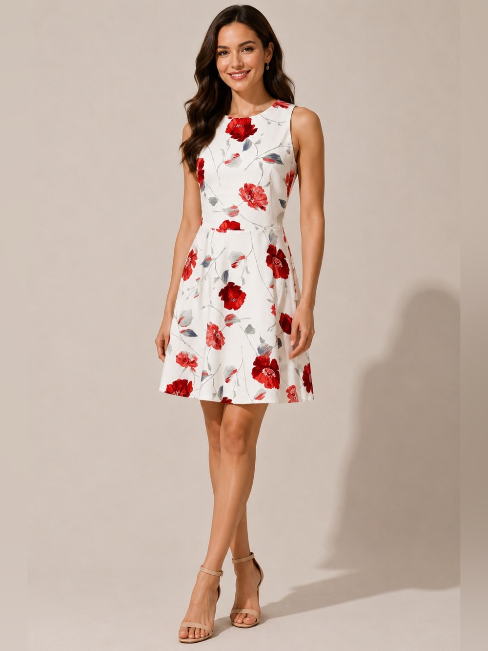 Banana Republic White Midi Dress with Red Floral Print Shoulder Slits